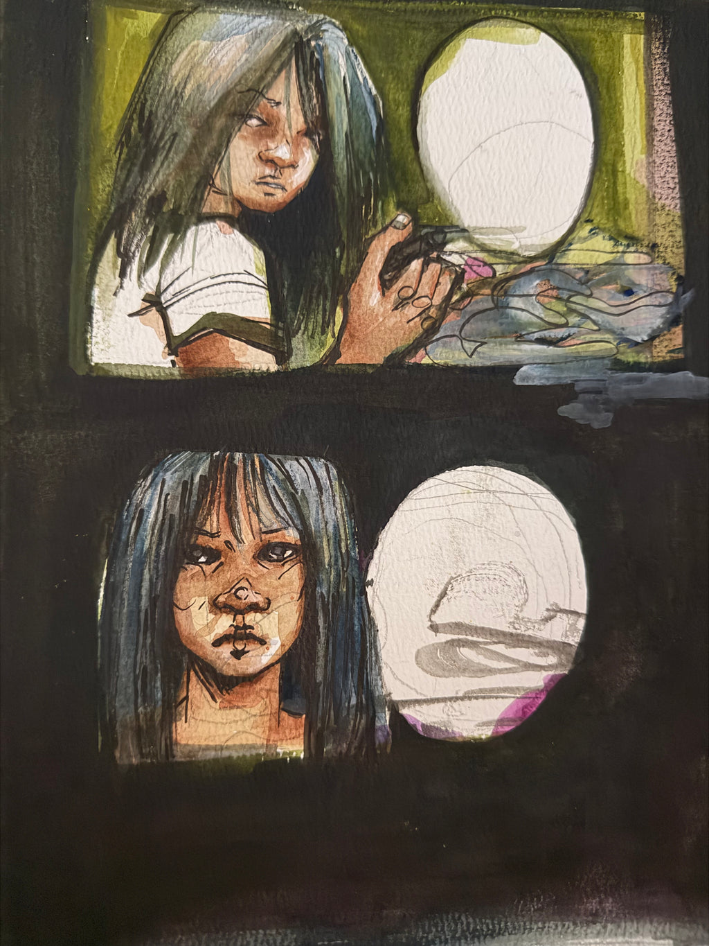 Set of 3 watercolor paintings "self" portrait